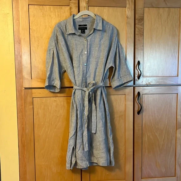 Tahari | Dresses | Tahari Linen Dress Gray Size Medium With Belt | Poshmark